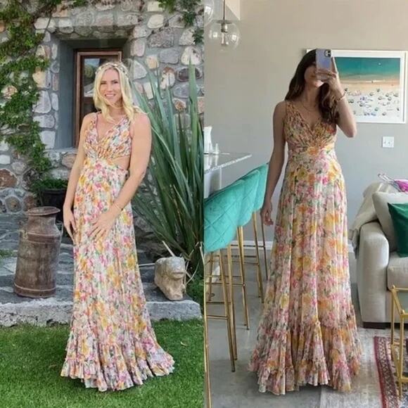 MAC DUGGAL Yellow Floral Chiffon Lace Up Tie Up Back Gown Dress - Picture 3 of 16